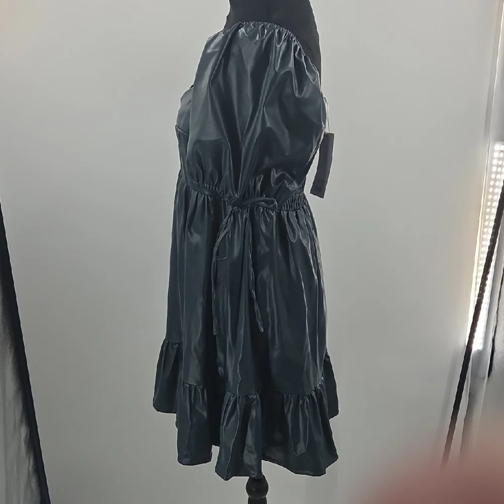 Chic Dark Green Faux Leather Puff Sleeve Mini Dress - Picture 5 of 16